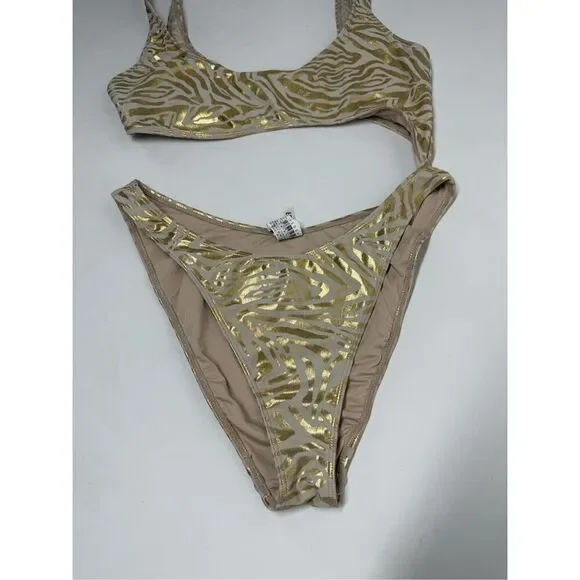 Forever 21 Gold Zebra One Piece Swimsuit Open Middle High Cut Bottom Size XL - Picture 2 of 14
